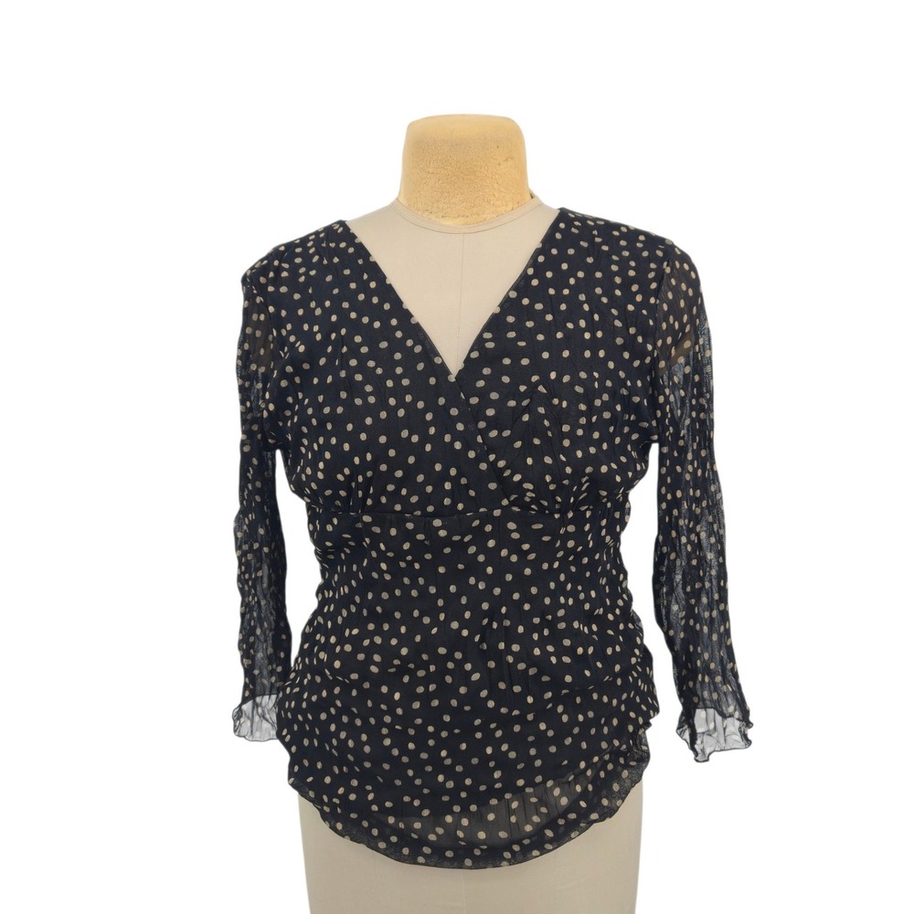 INC International Concepts Blouse Women XL Black Polka Dot Sheer Mesh V-Neck
